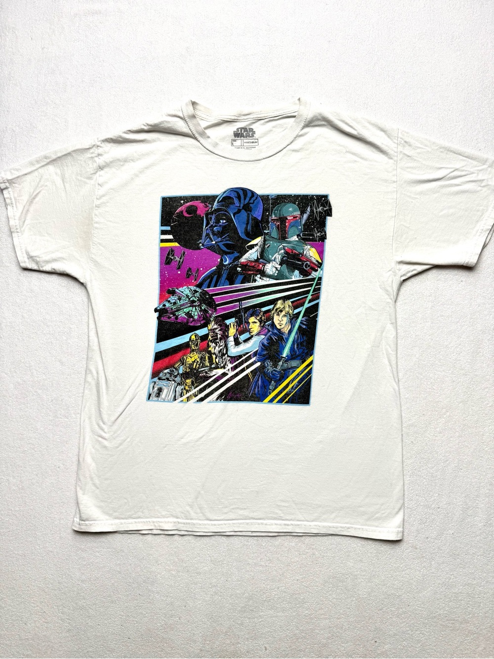 Star Wars White Short Sleeve Tee with Multicolor Retro Character Graphic